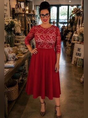 Red fit and flare midi dress with lace bodice